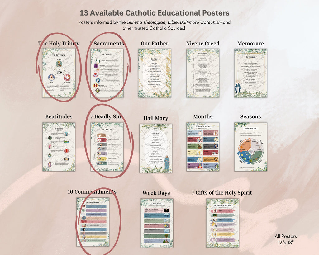 Holy Trinity, 10 Commandments, 7 Sacraments, 7 Deadly Sins Poster Bundle