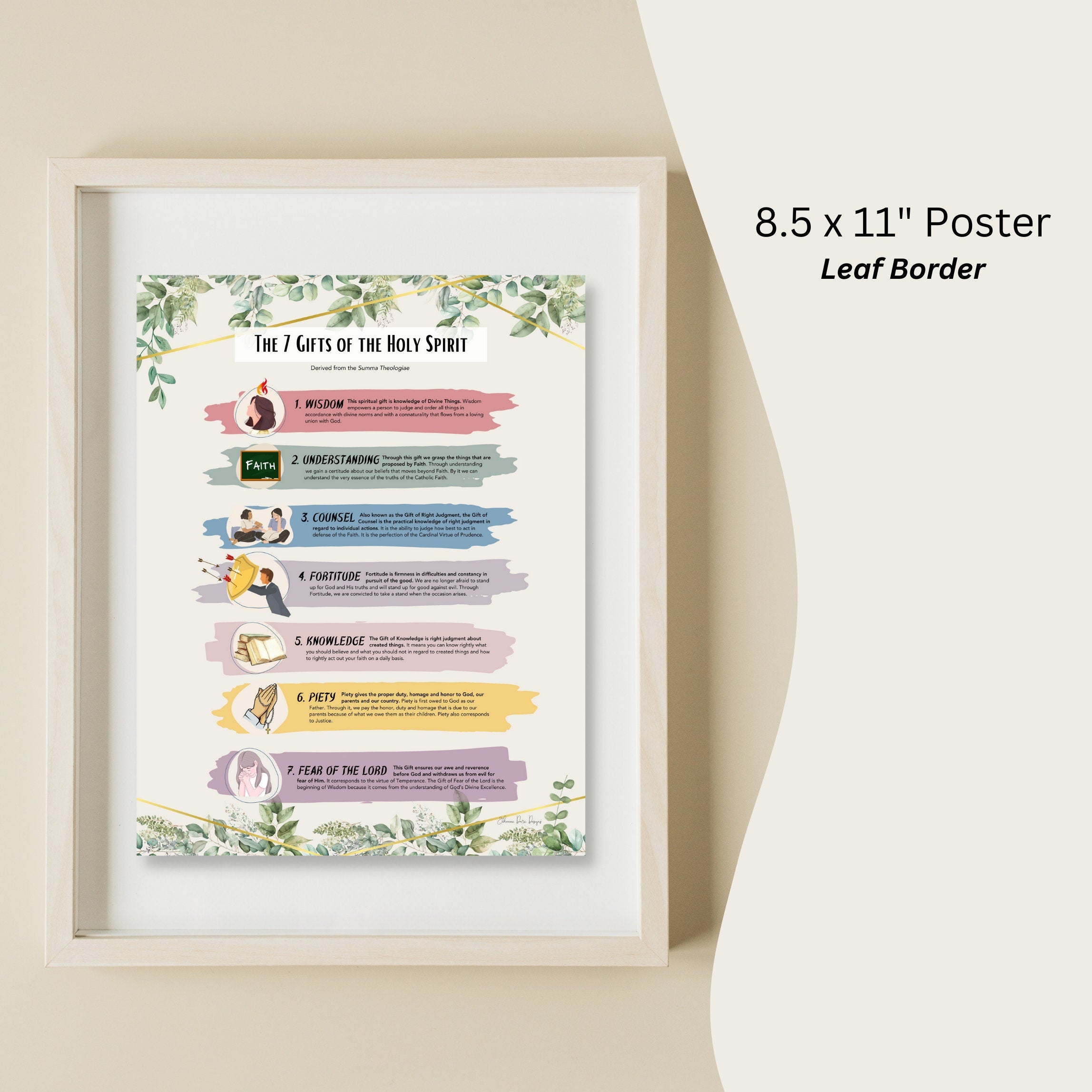 Framed poster with '7 Gifts of the Holy Spirit' on a leaf border, 8.5 x 11" size.