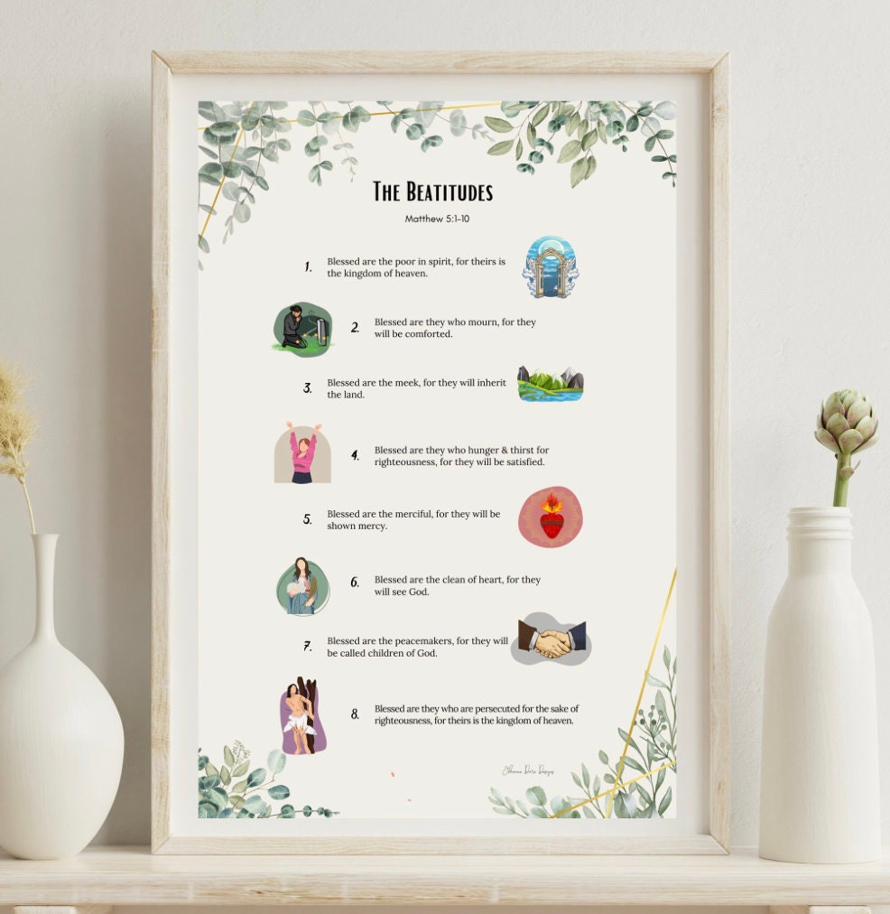 Framed print of 'The Beatitudes' with illustrations on a white wall.