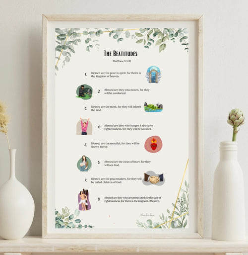 Framed print of 'The Beatitudes' with illustrations on a white wall.