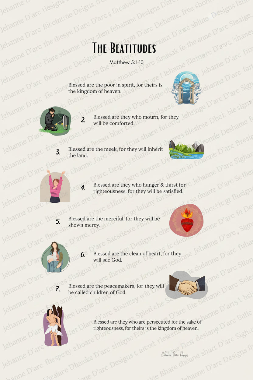 Illustrations of the Beatitudes from Matthew 5:1-10 on a white background