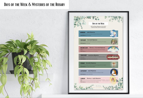 Framed educational poster on days of the week and mysteries of the Rosary with a plant in the background.