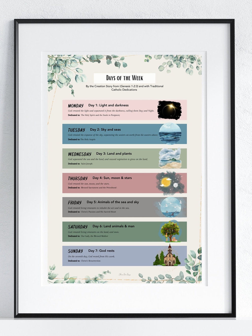 Educational poster with days of the week and corresponding illustrations, framed on a white wall.