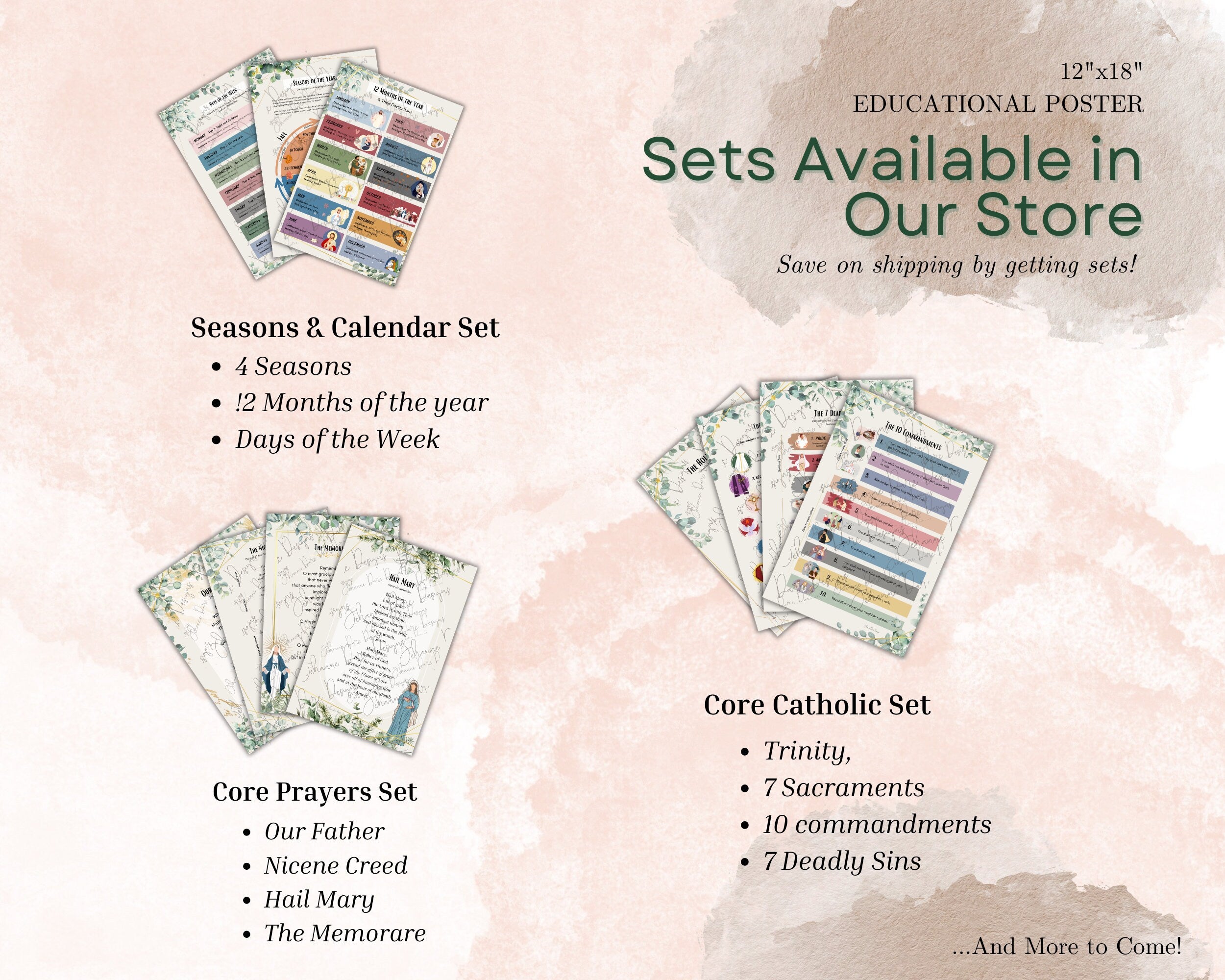 Educational posters with sets available in a store on a textured beige background.