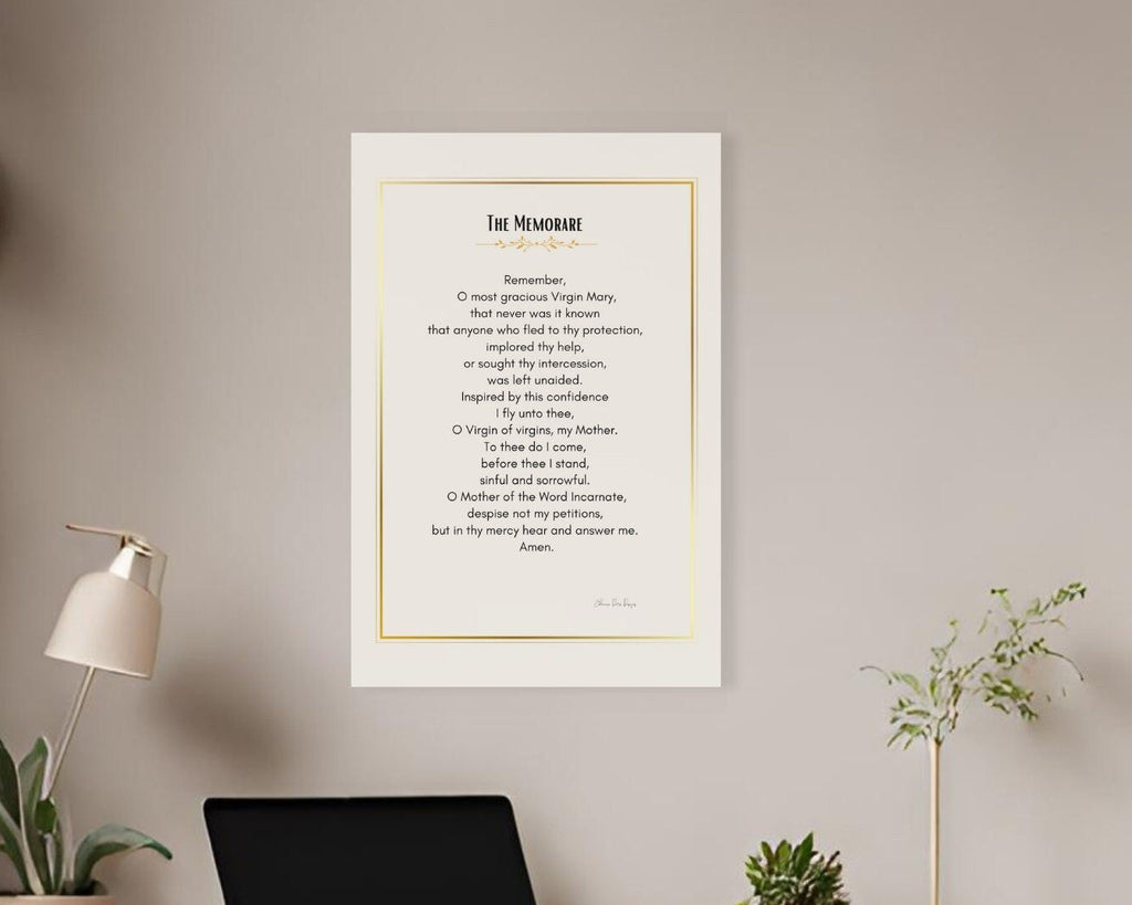 Mockup of the Memorare prayer poster on the wall