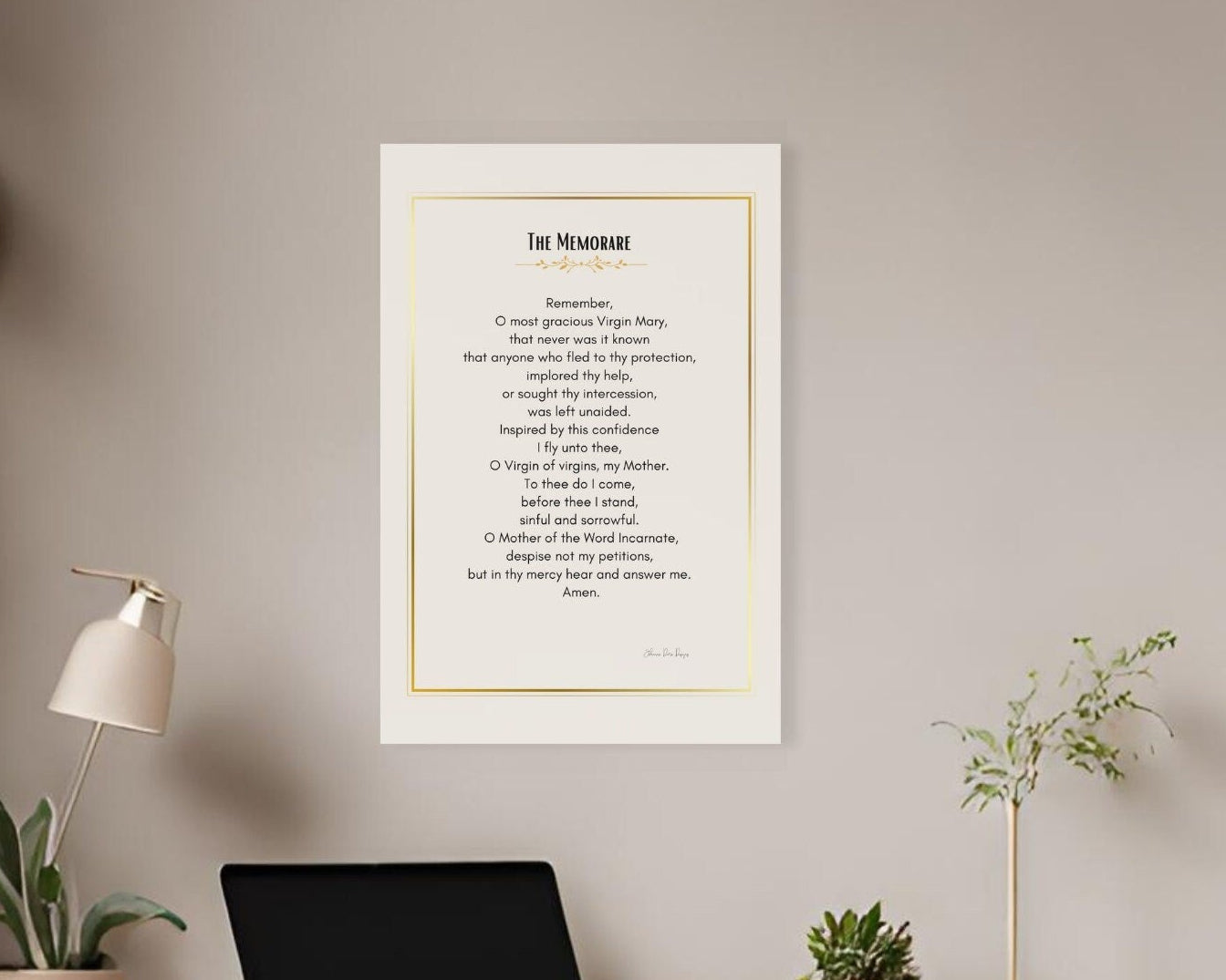 Mockup of the Memorare prayer poster on the wall