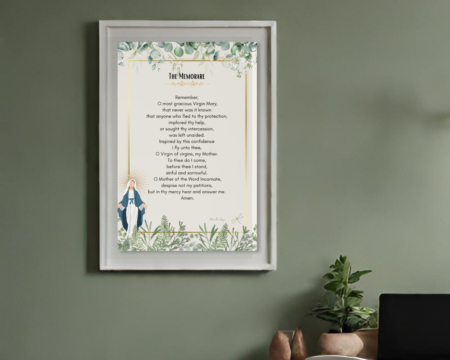 Mockup of memorare poster on green wall
