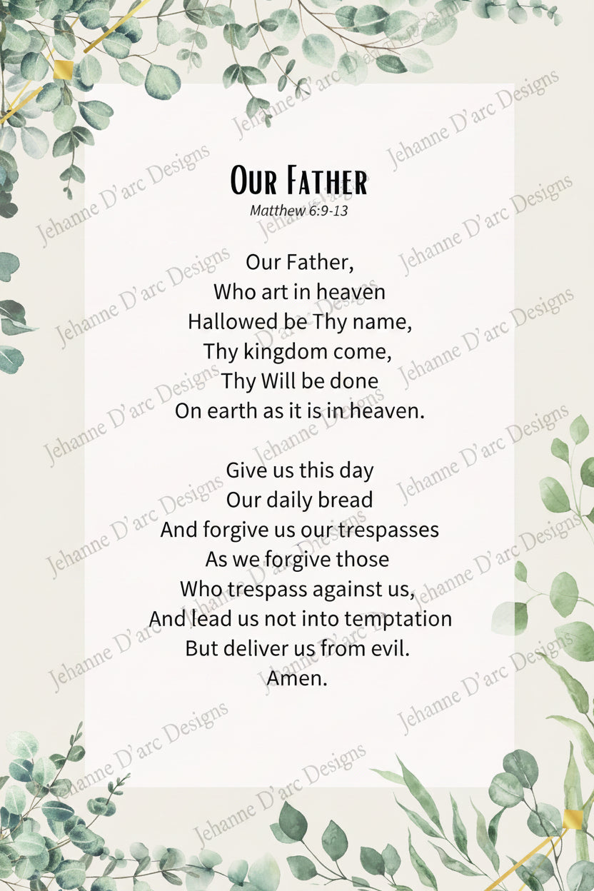 The Lord's Prayer text with green leaf border