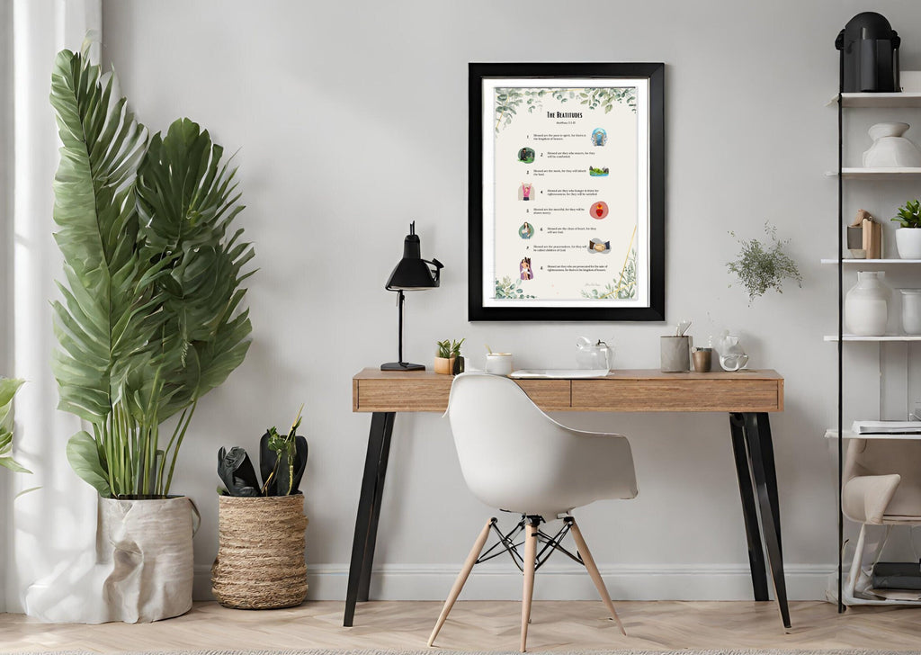 Beatitudes on home office wall with a desk, chair, and decorative elements.