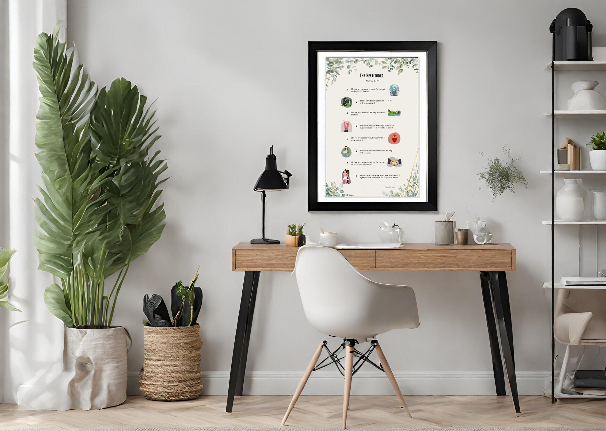 Beatitudes on home office wall with a desk, chair, and decorative elements.