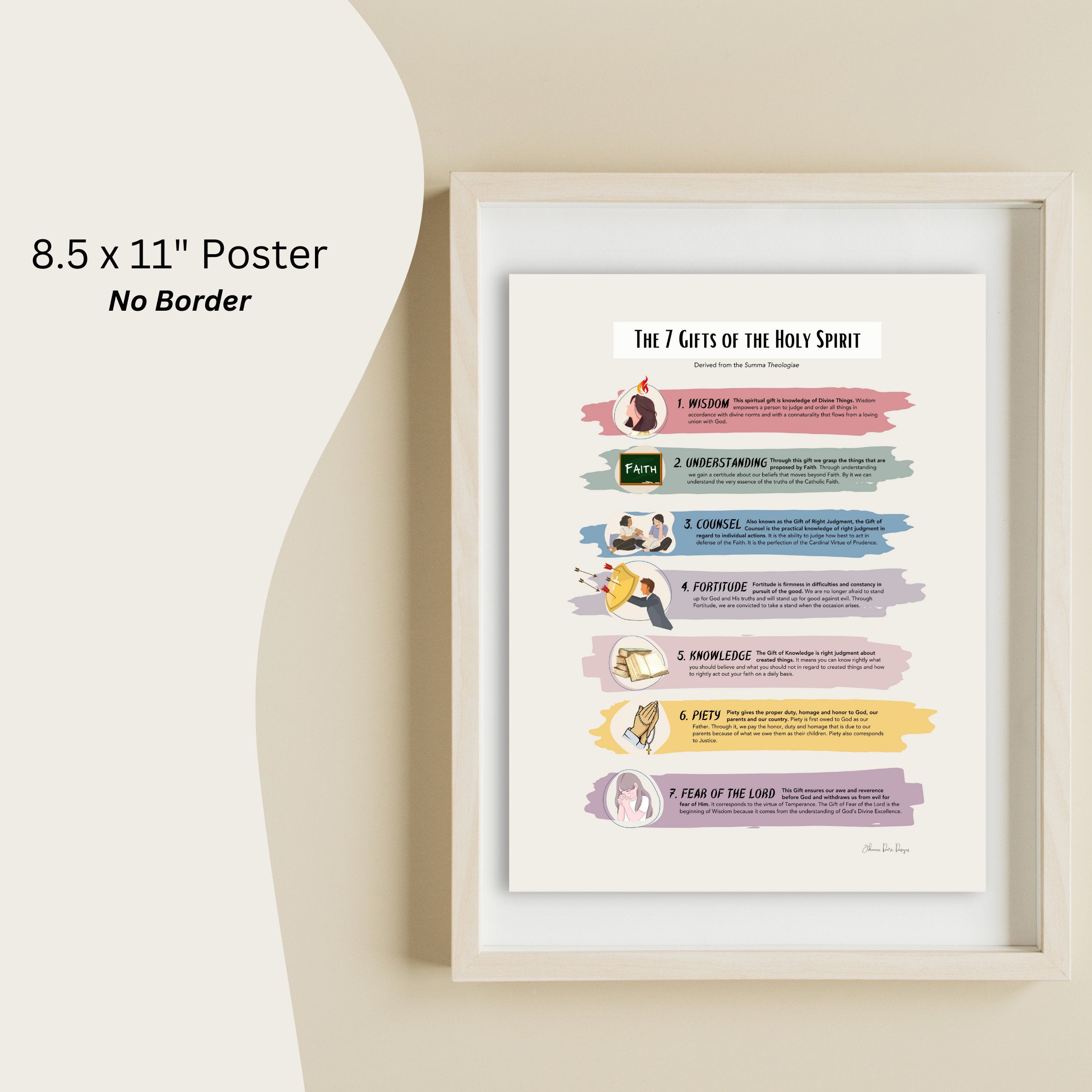 Framed 8.5 x 11" poster titled 'The 7 Gifts of the Holy Spirit' on a beige wall.
