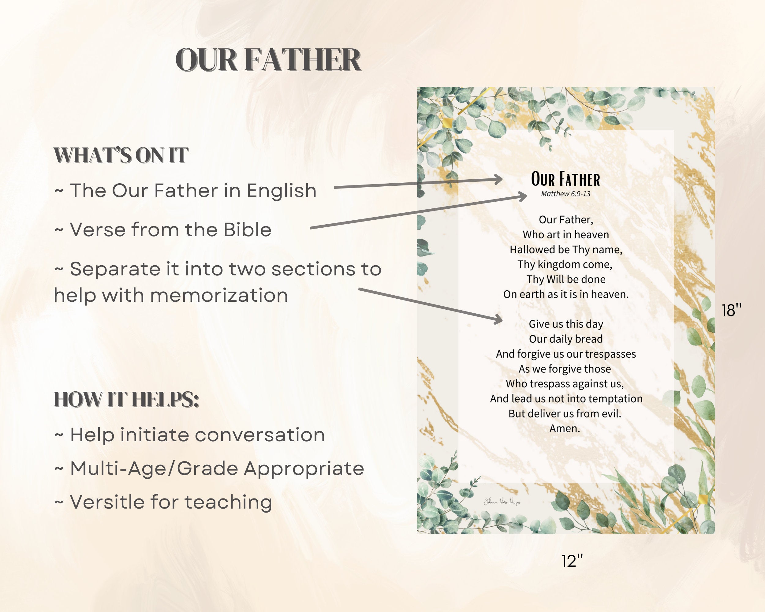 Product description card for a the our father prayer
