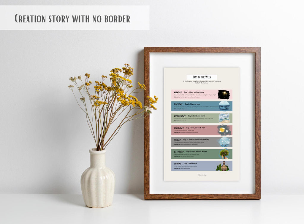 Framed poster with colorful design next to a vase with yellow flowers on a white surface.